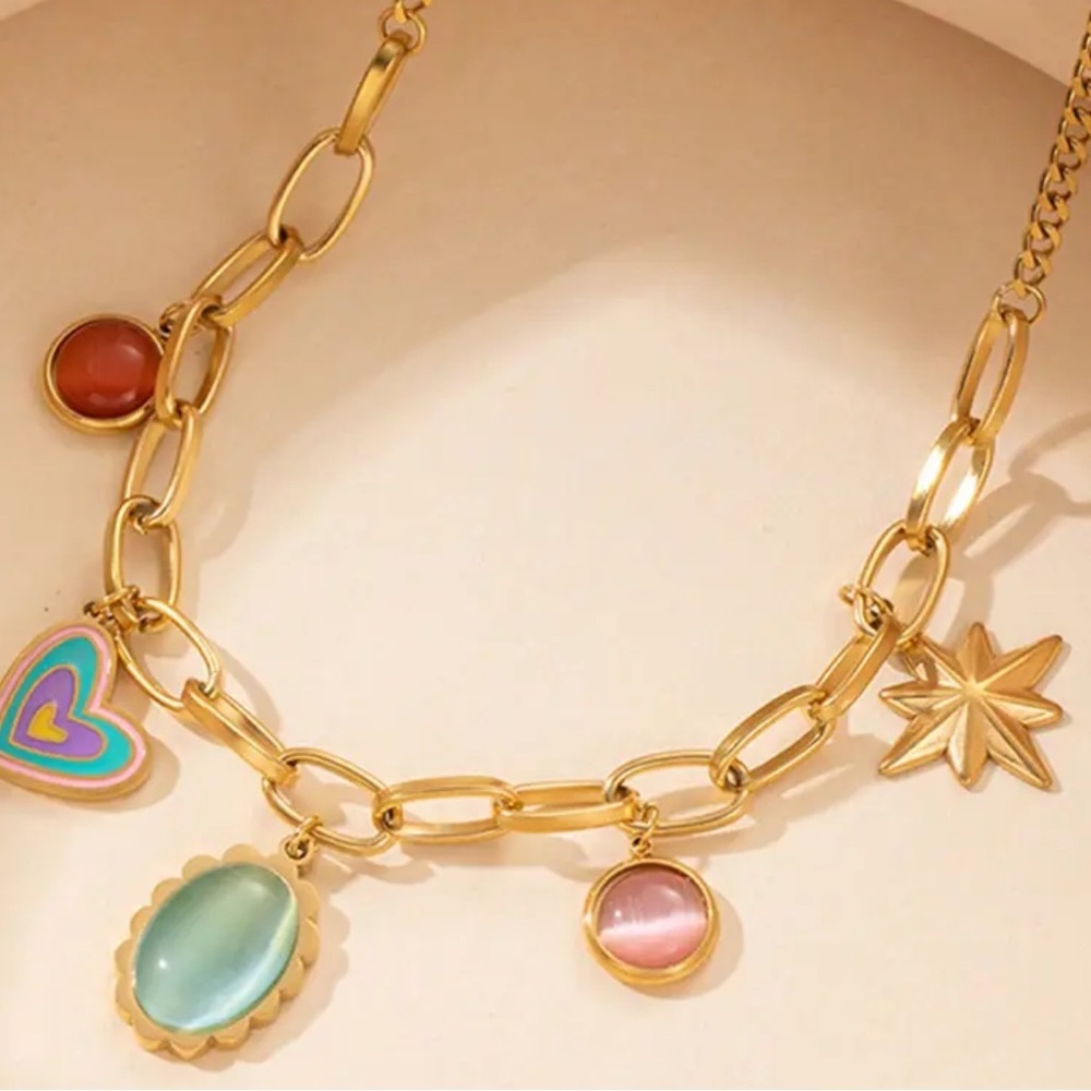 Gold Charm Necklace with Multicolor Gemstone Accents